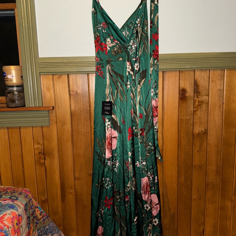 Lulus Still The One Emerald Green Floral Print Satin Maxi Dress - Size L - Picture 2 of 3